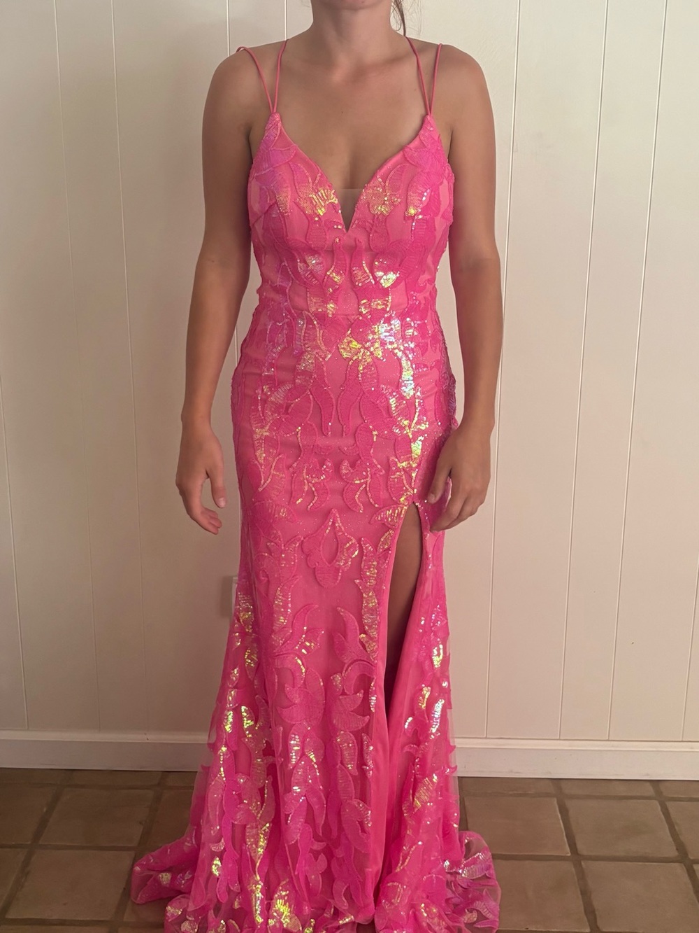 Pink Sequin V-Neck Spaghetti Strap Evening Gown
